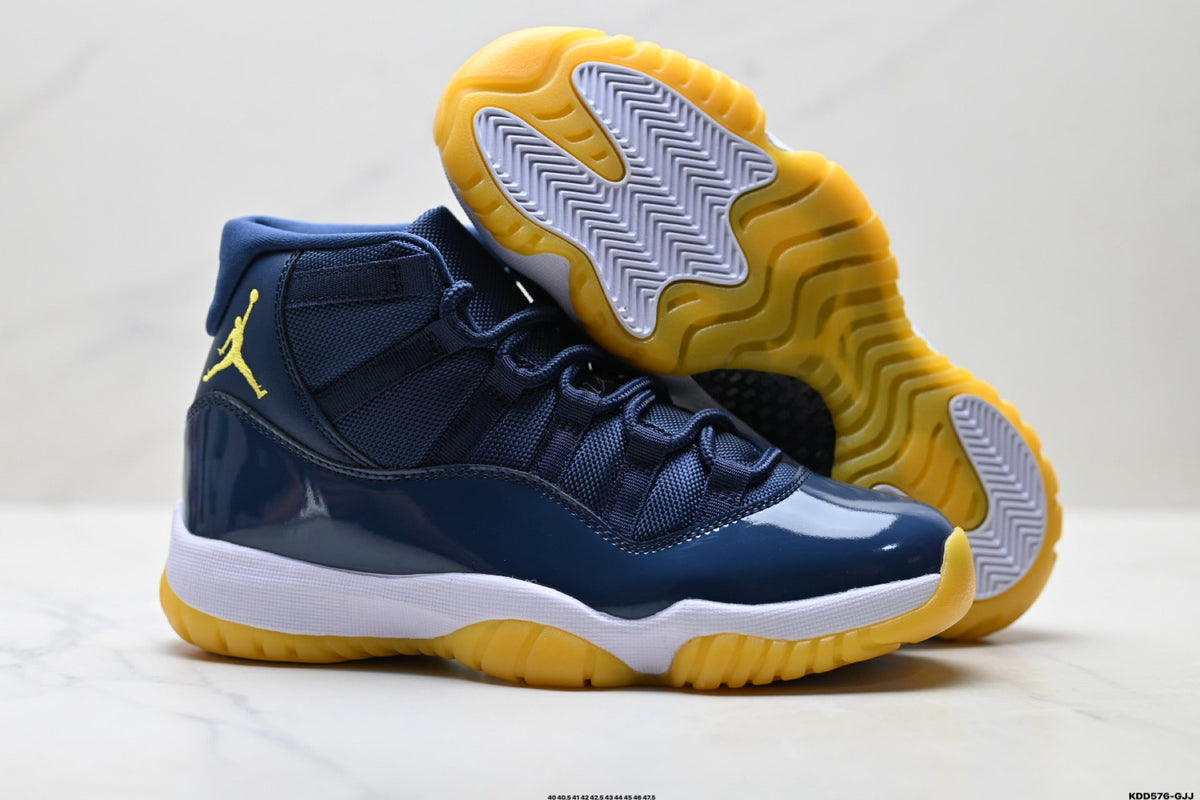 Air Jordan 11 Retro Midnight Navy and Yellow Unisex Sneakers Style 06