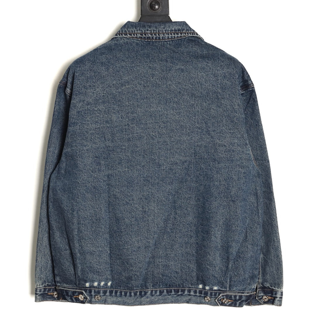 Prada Triangle-Logo Washed Zip-Up Denim Jacket - Dark Blue